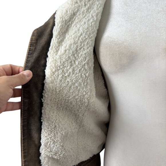 Women Small Sherpa Lined Faux Leather Aviator Bomber Jacket Brown Winter - Picture 5 of 10